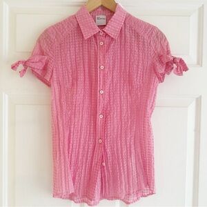 Red Valentino Y2K Pink Crinkle Crepe Button Down Semi Sheer Top Bows Size Medium